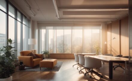Interior of a cozy office with frosted window films, soft sunlight filtering through
