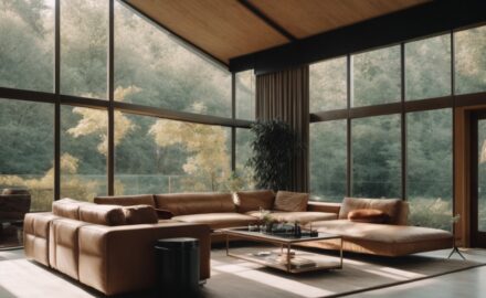 modern living room with tinted windows and views of nature