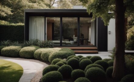 modern home exterior with tinted windows and lush garden