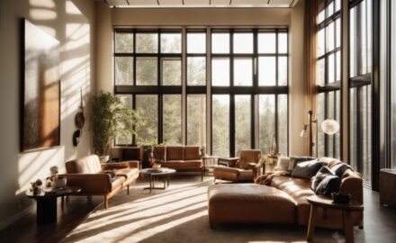 Interior of a modern home with sun shining through untreated windows causing visible damage to furniture and art