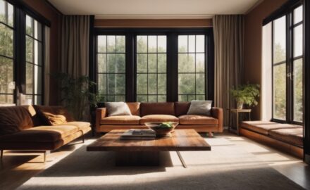 Interior of cozy living room with tinted windows and sunlight filtering through