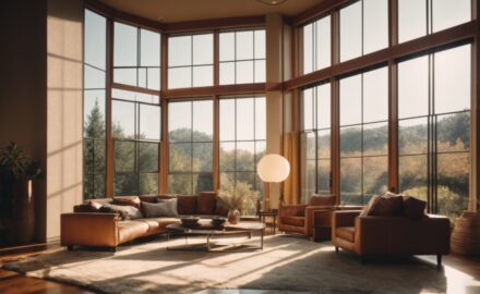 Home with heat blocking window film reducing sunlight glare