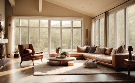 Interior of a cozy, sunlight-filled home with thermal window film installed