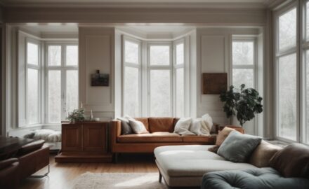 Interior cozy living room with frosted opaque windows for privacy