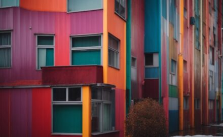 Colorful vinyl wrapped building in various weather conditions