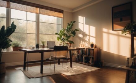 Interior home office with glare-reducing window film and visible sunlight streaming in