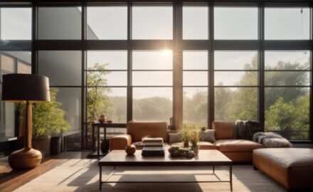 Interior living room with UV blocking window film, natural light filtering through