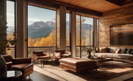 Modern living room with clear energy efficient window films, warm sunlight filtering through, view of Rocky Mountains in background