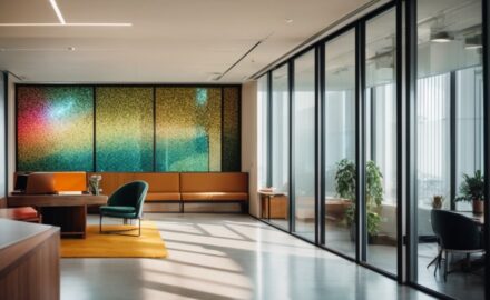 Interior office with vibrant decorative window film, natural light filtering through
