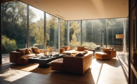 Modern home interior with sunlight filtering through tinted window films